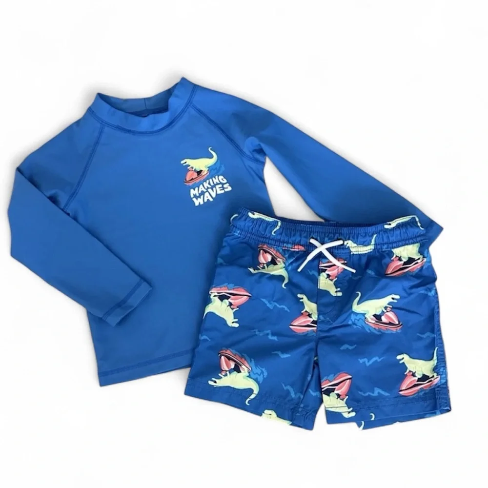 Carter’s Boys 2T Rash Guard Swim Trunks Set Dinosaur UPF 50 NWT